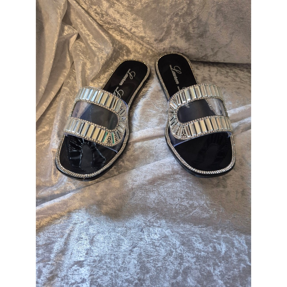 Lauren Lorraine Jane Black Crystal‎ Rhinestone Embellished Slide Sandals
